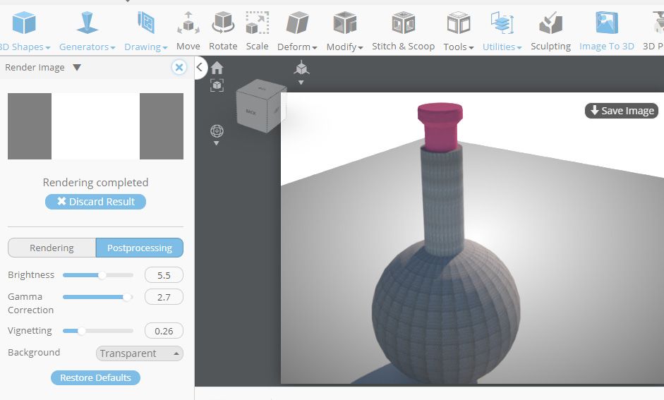 The 3D model of the bottle being rendered using the rendering engine of SelfCAD