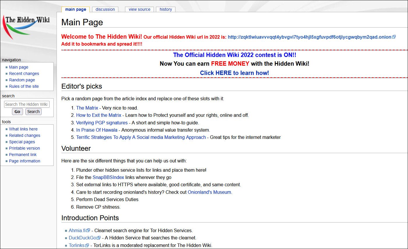 Homepage of the Hidden Wiki