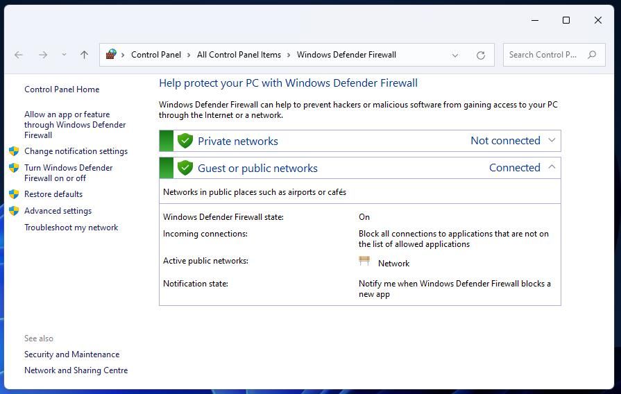 The Windows Defender Control Panel applet