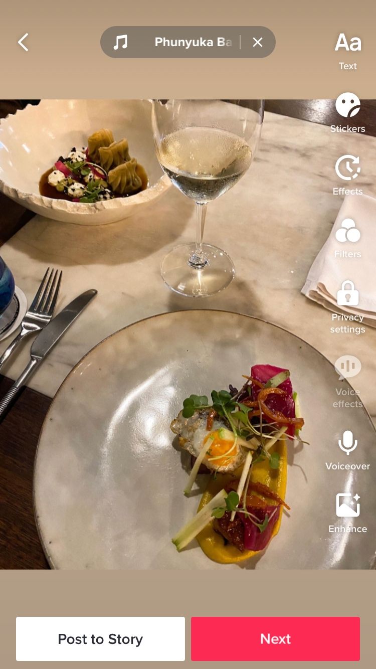 tiktok video draft of two plates and wine on a restaurant table