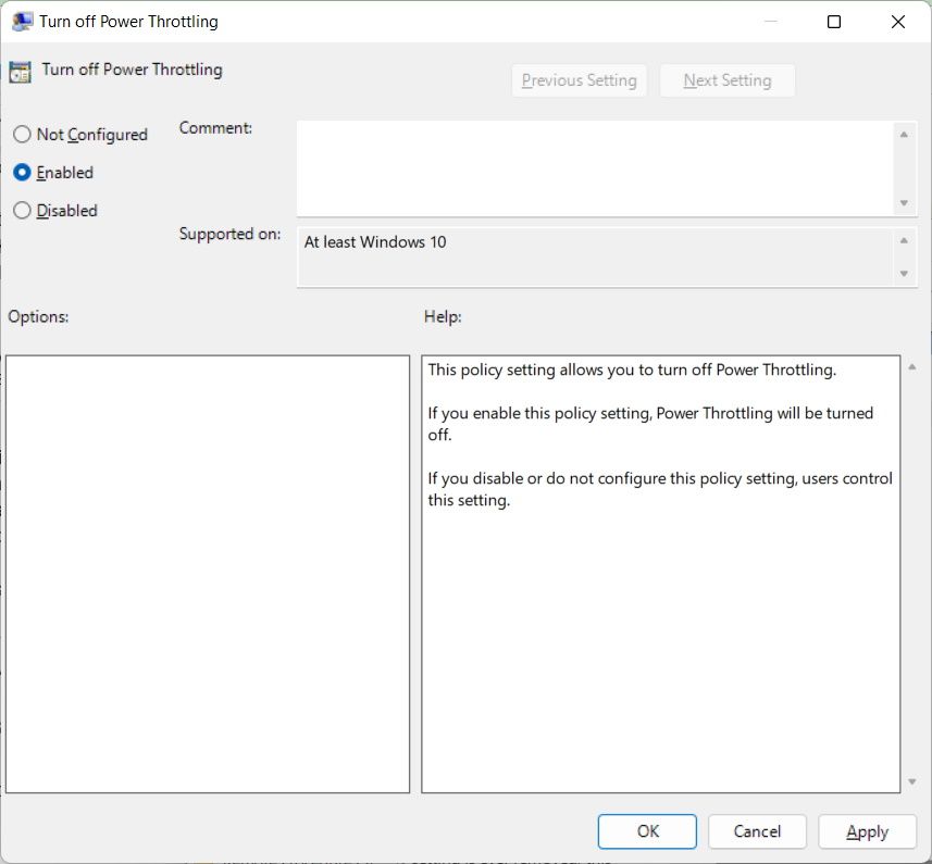 turning off the power throttling policy dialog box in the windows local group policy editor