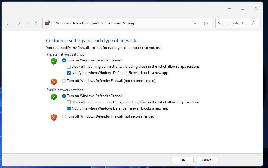 The Turn off Windows Defender Firewall options