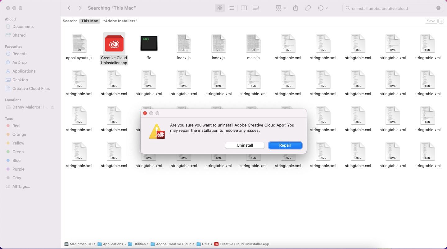 screenshot showing how to remove adobe cc from macbook