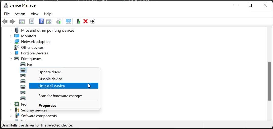 Option „Drucker deinstallieren“, ausgewählt im Geräte-Manager unter Windows 11