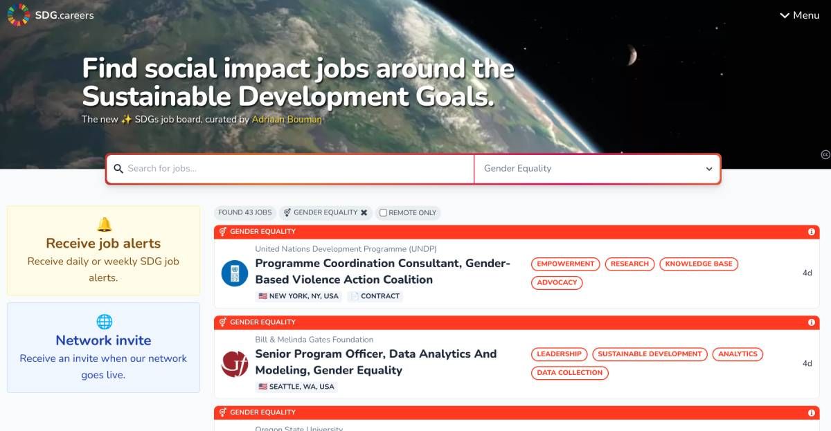 Sustainable Development Goals features jobs from organizations that are trying to make a social impact and improve the world
