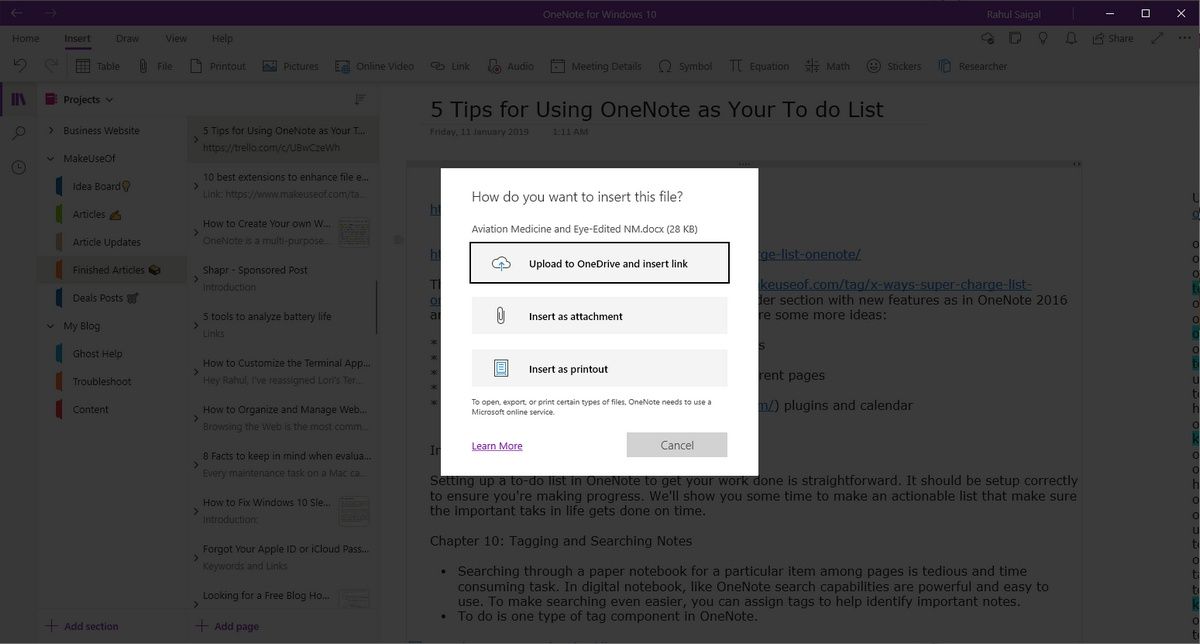 upload to onedrive and insert link OneNote app