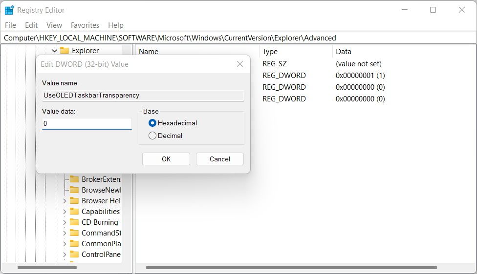 the useoledtaskbartransparency dword in the windows registry