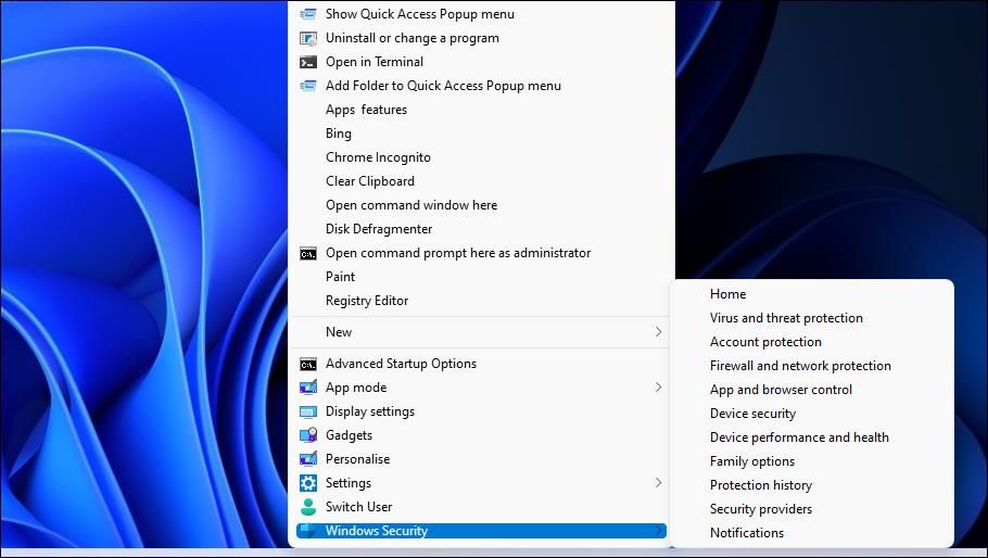 The Virus and threat protection context menu option 