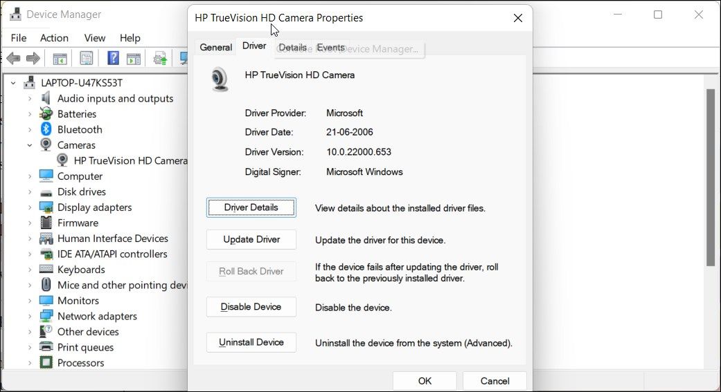web cam driver roll back device manager windows