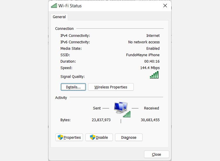 wi-fi status dialog box in windows