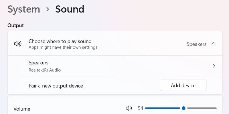 output section of windows 11's sound settings
