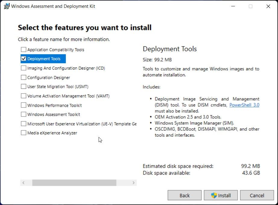 windows adak feature selection install