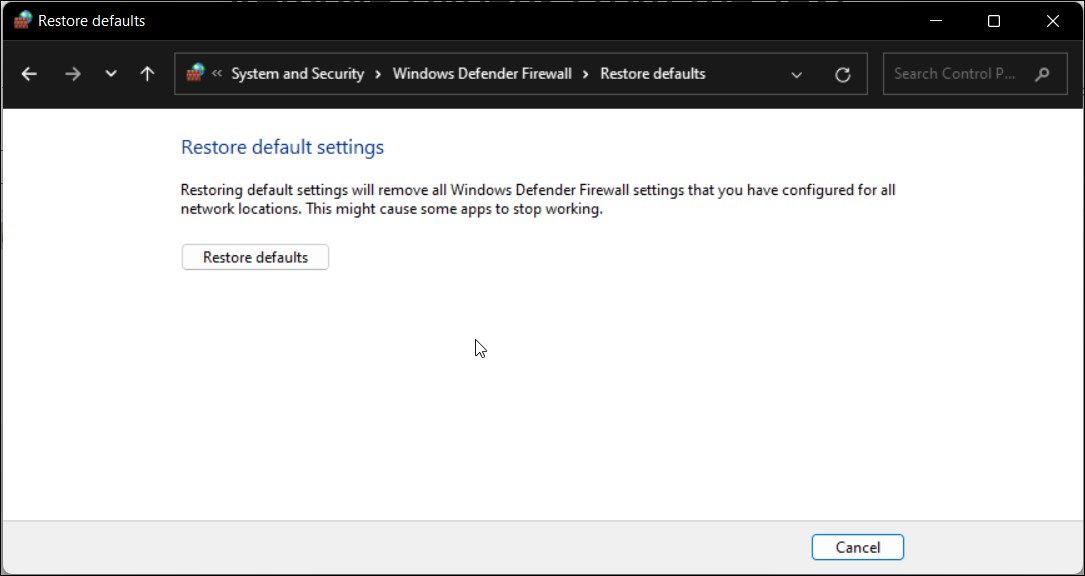 Windows Defender Firewall restore defaults confirm