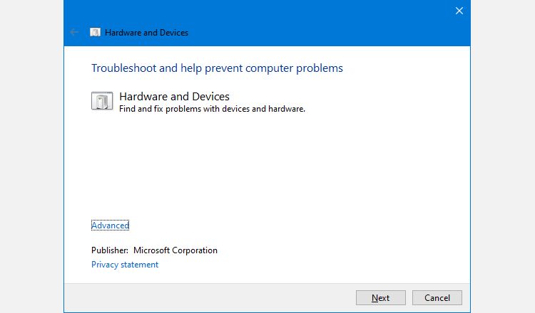 windows hardware and devices troubleshooter