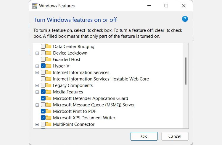 the windows features dialog box
