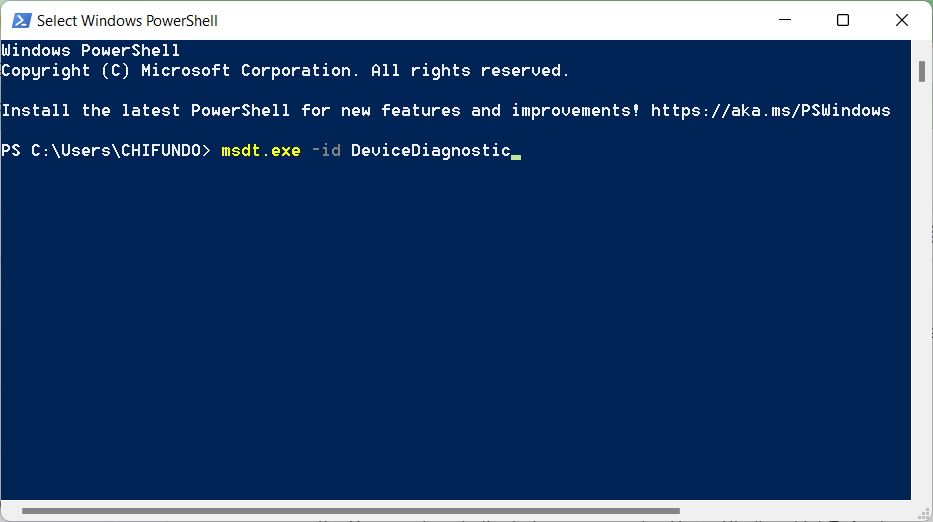 running the command to open the hardware troubleshooter in windows powershell