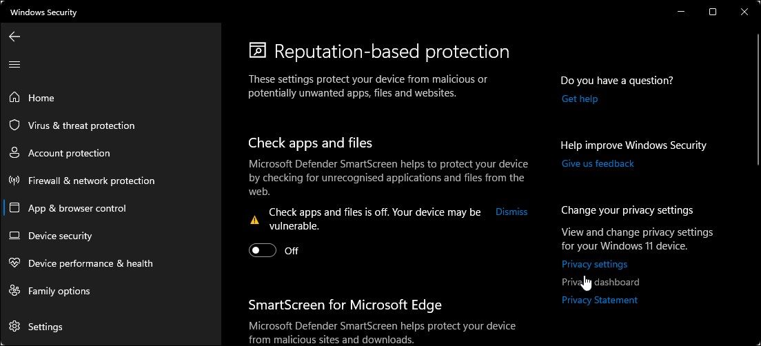 La seguridad de Windows desactiva los archivos de aplicaciones de filtro de pantalla inteligente.