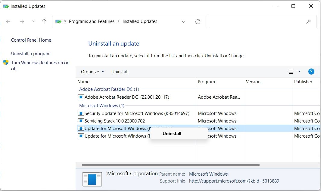 uninstalling an update in windows 11
