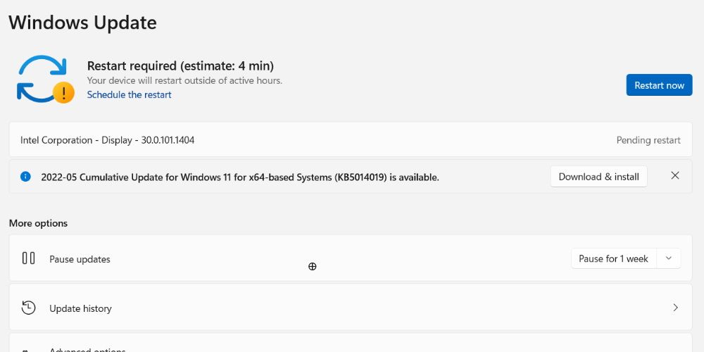 windows update window showing that a restart is required