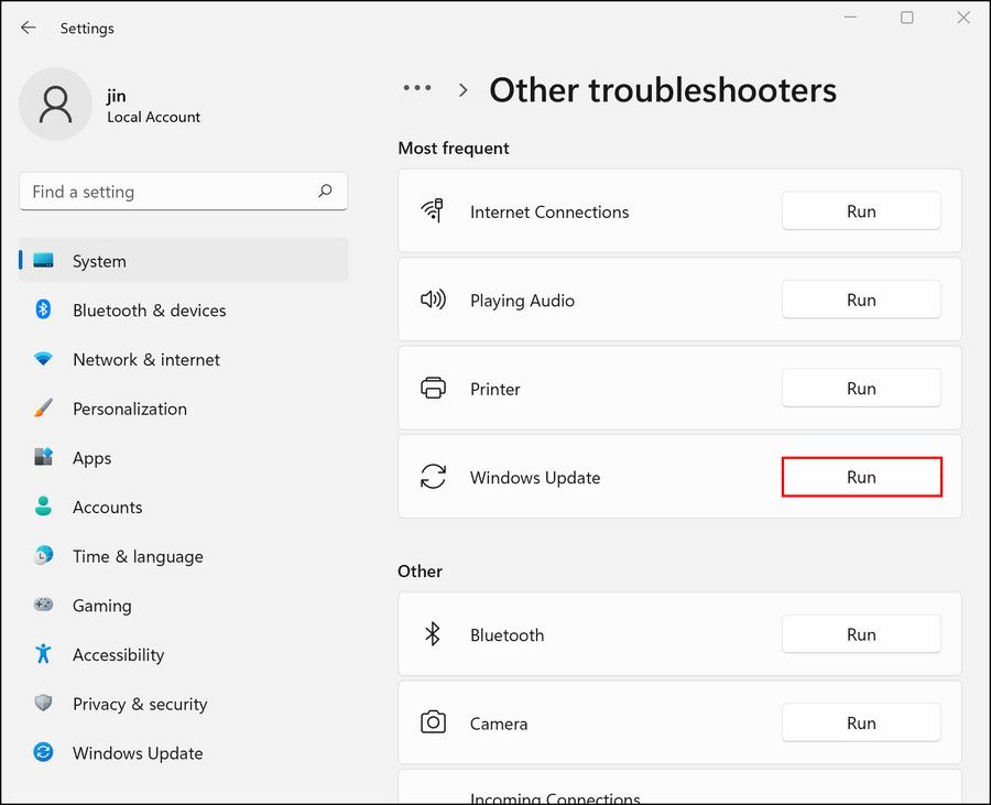 Run button for Windows Update troubleshooter