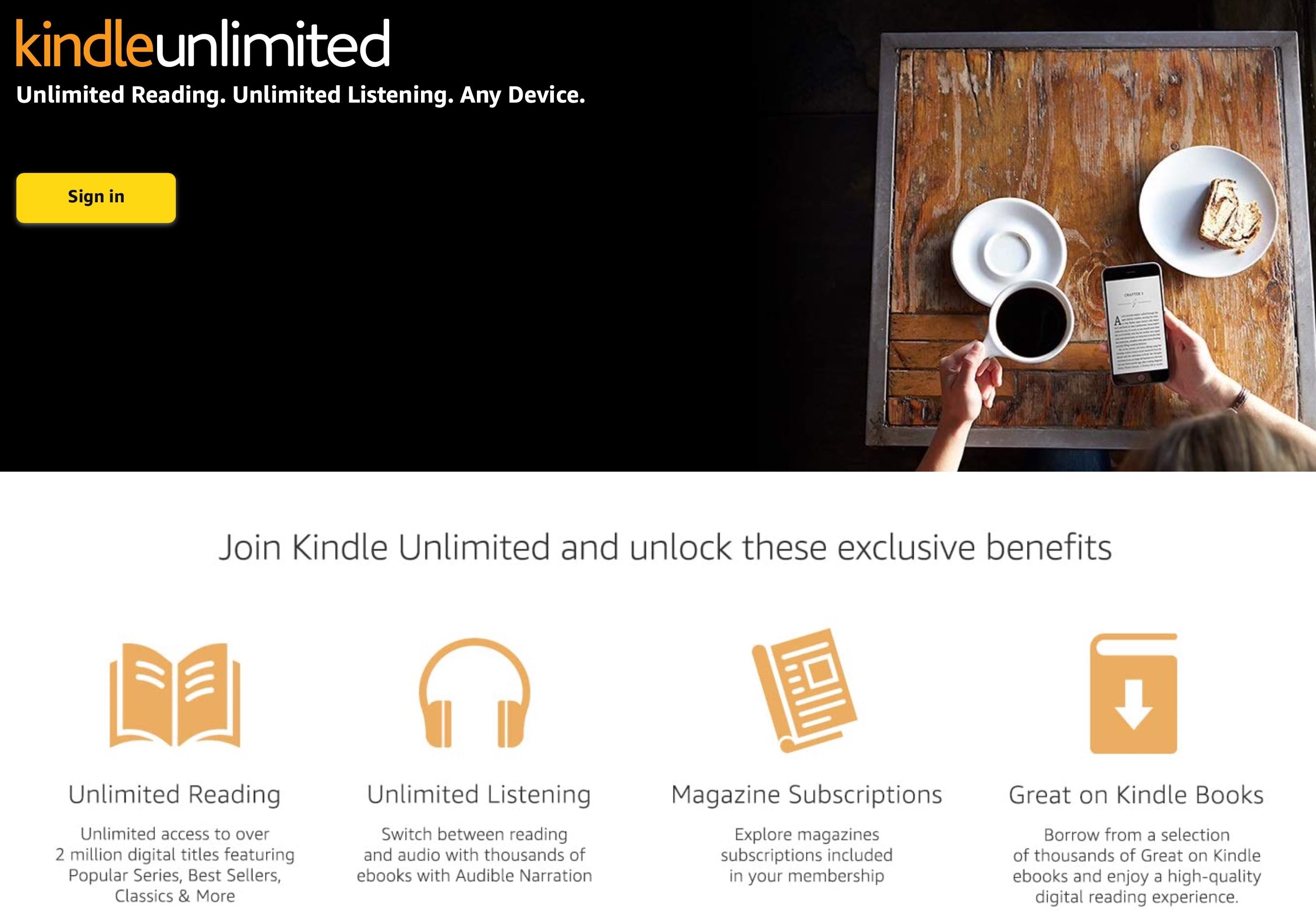 تصویر صفحه نمایش Kindle Unlimited را از وب سایت آمازون نشان می دهد