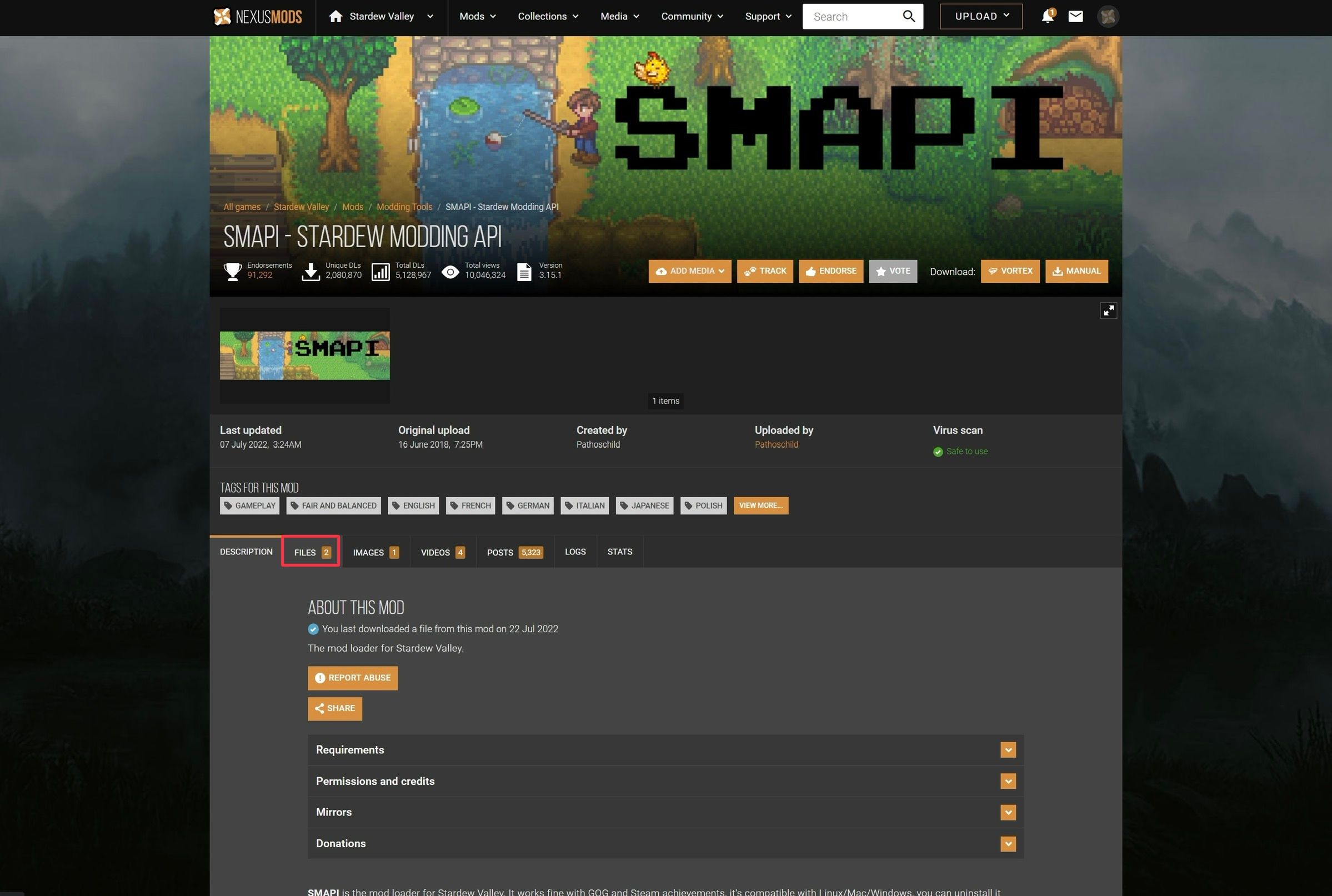 Find SMAPI and select Files tab
