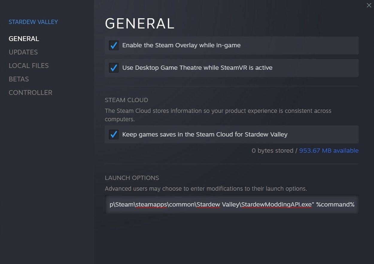 Update Stardew Valley launch options in Steam