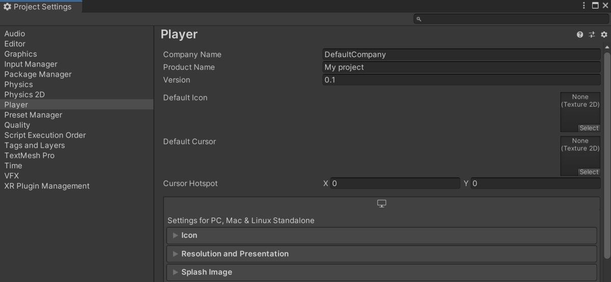 تب Player تنظیمات پیشرفته در Unity