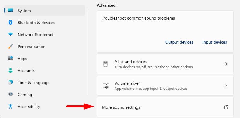 Advanced System Sound settings