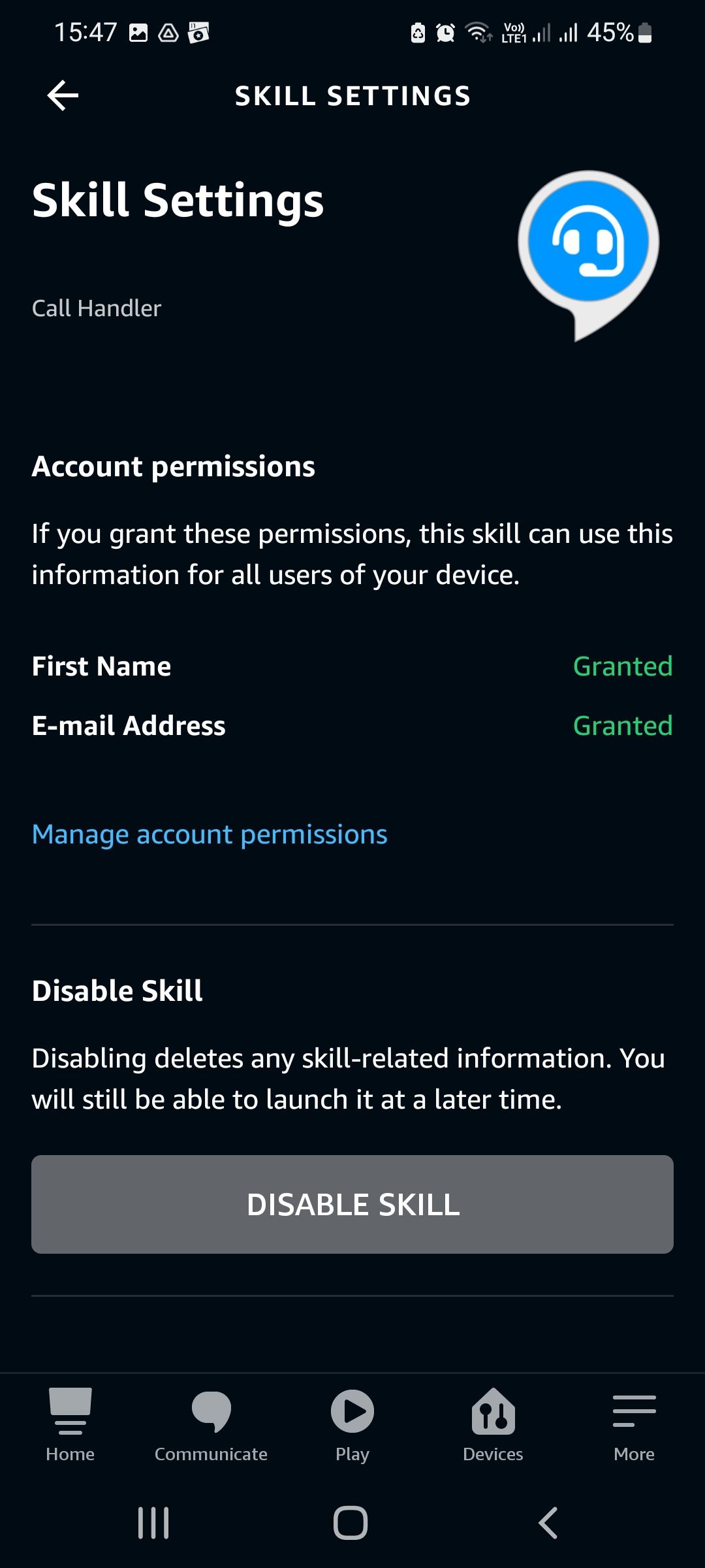 Skill settings screen in Alexa app
