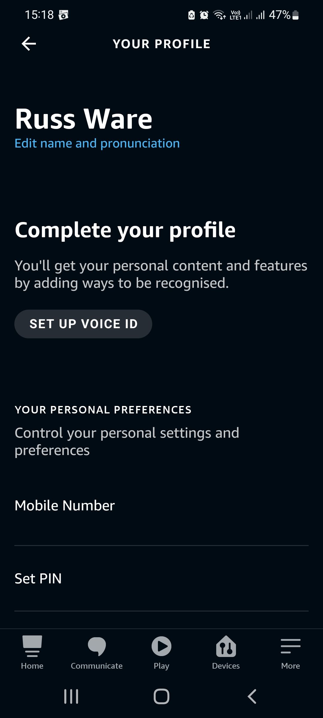 Alexa voice ID set up screen