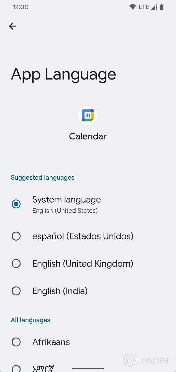 Per-app language settings for Google Calendar in Android 13