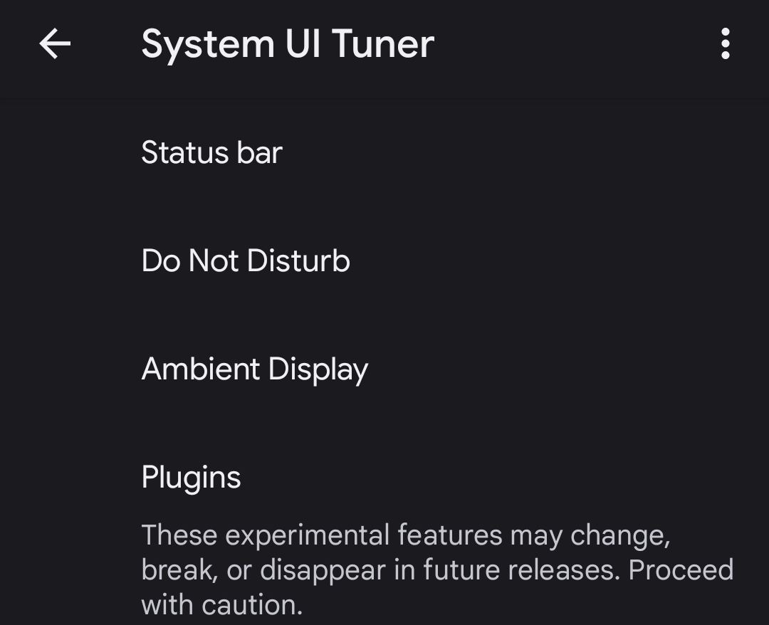 Android System UI Tuner Main menu