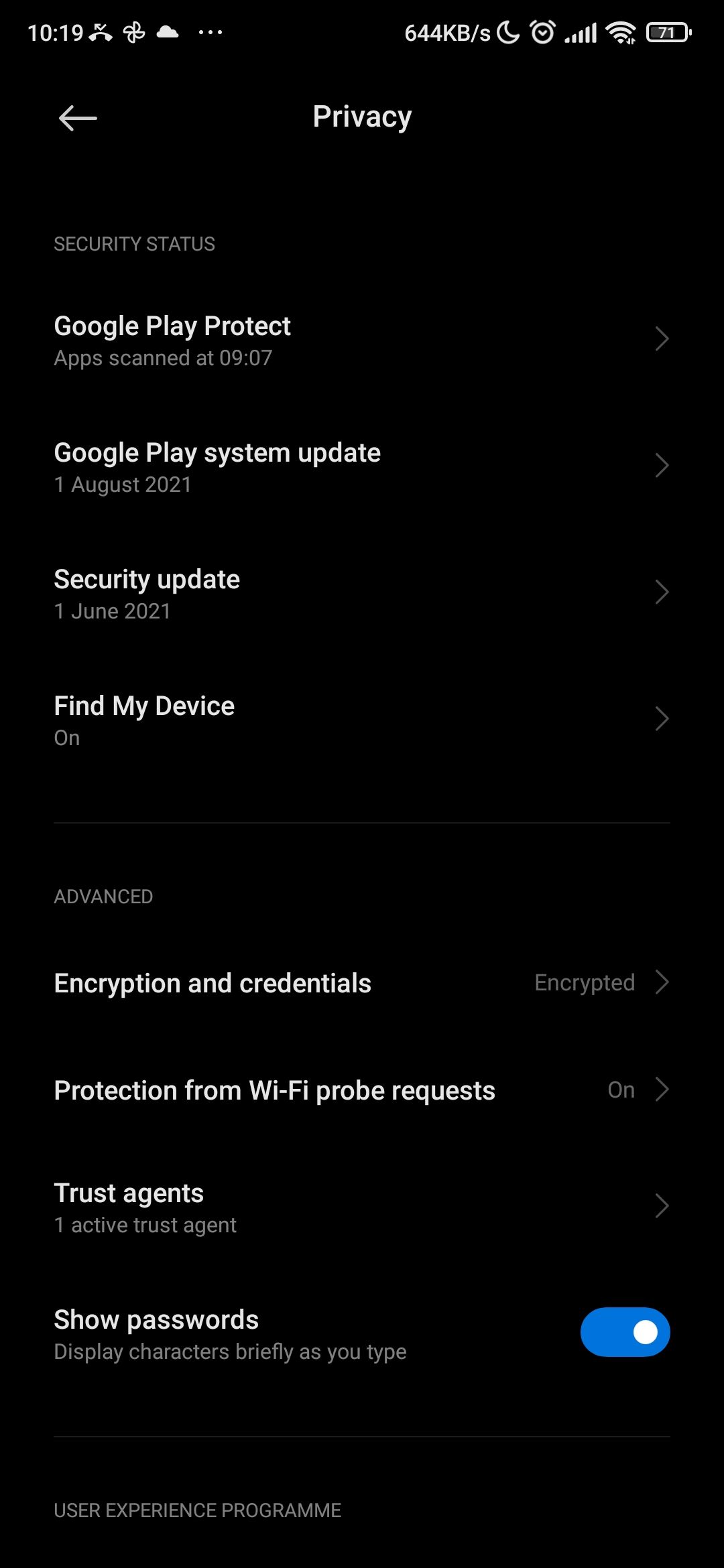 Скриншот страницы настроек конфиденциальности Android 