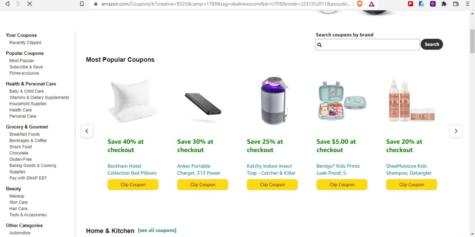 Amazon coupon listing page