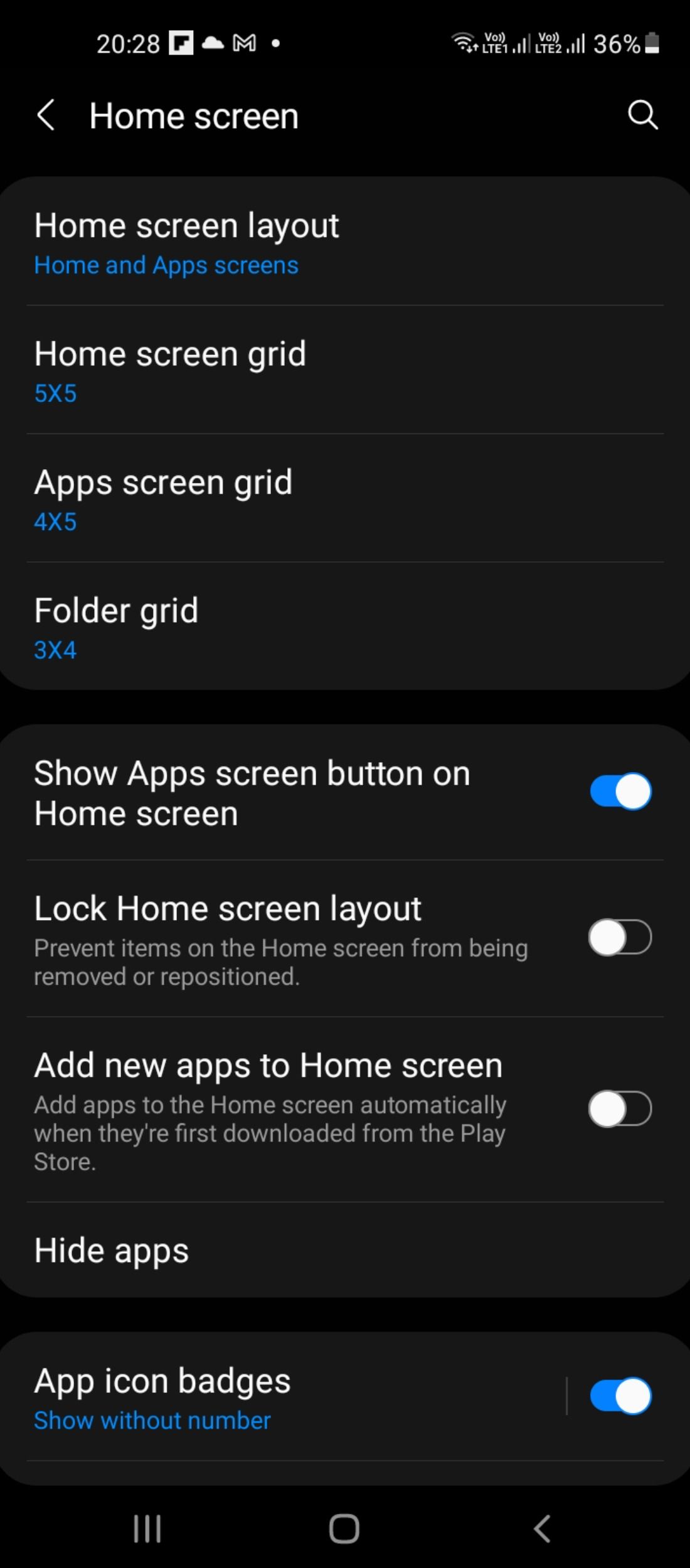 Home screen customization settings