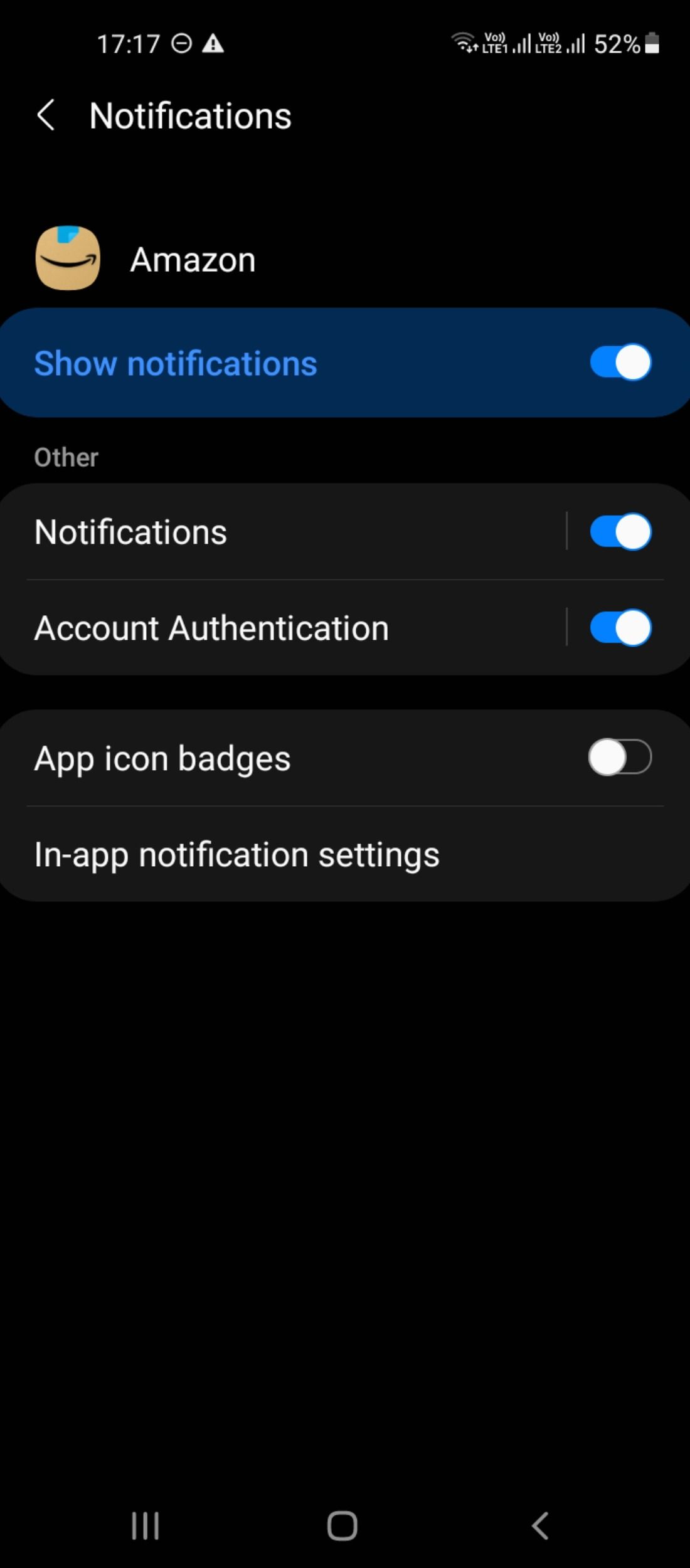 Turned off notifications in Amazon app