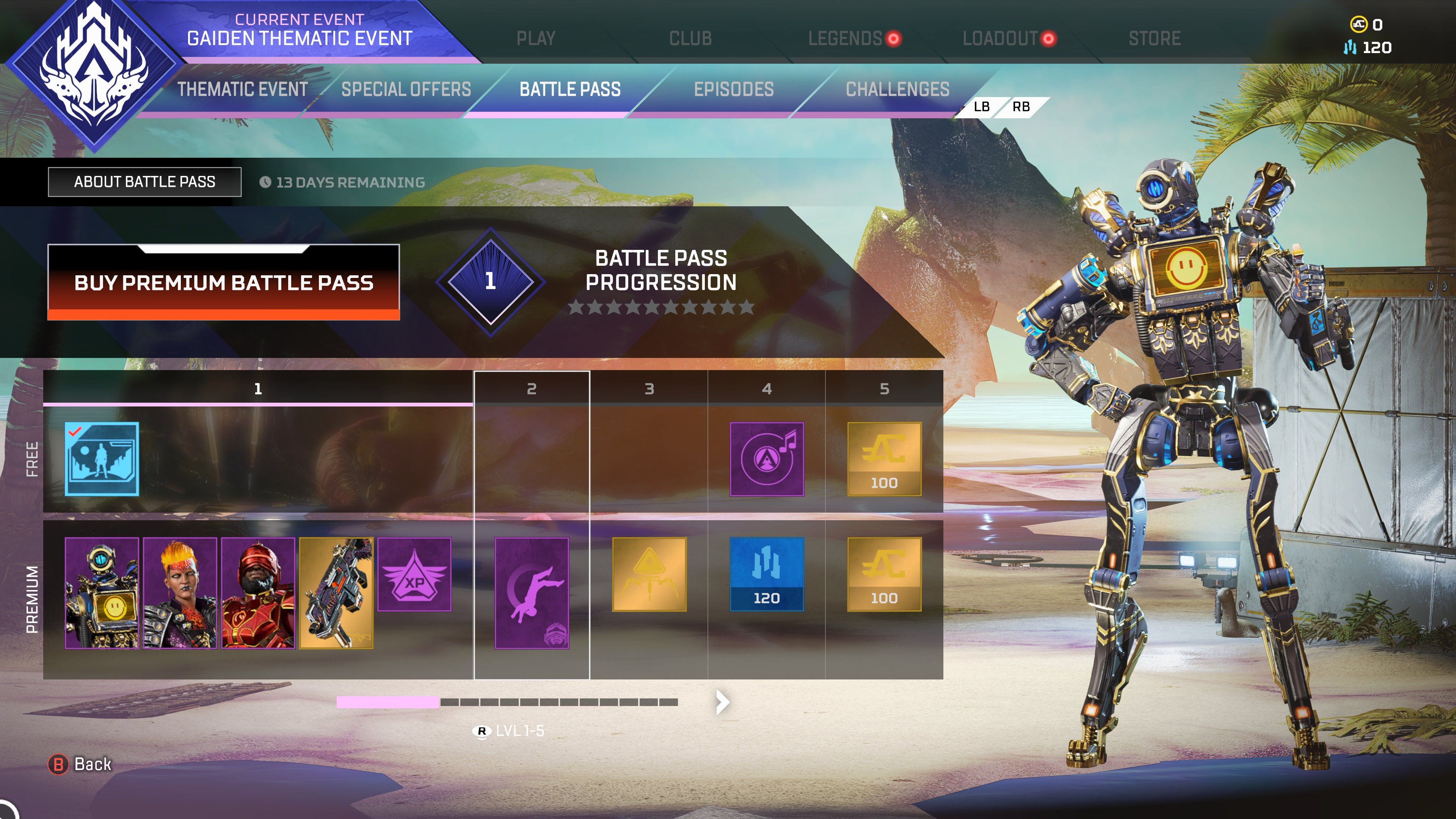 The tiers of an Apex Legends battle pass with the premium unlocks highlighted