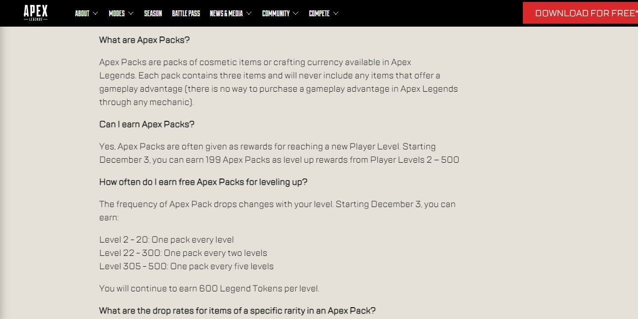 A screenshot of the Apex Legends FAQ information for Apex Packs