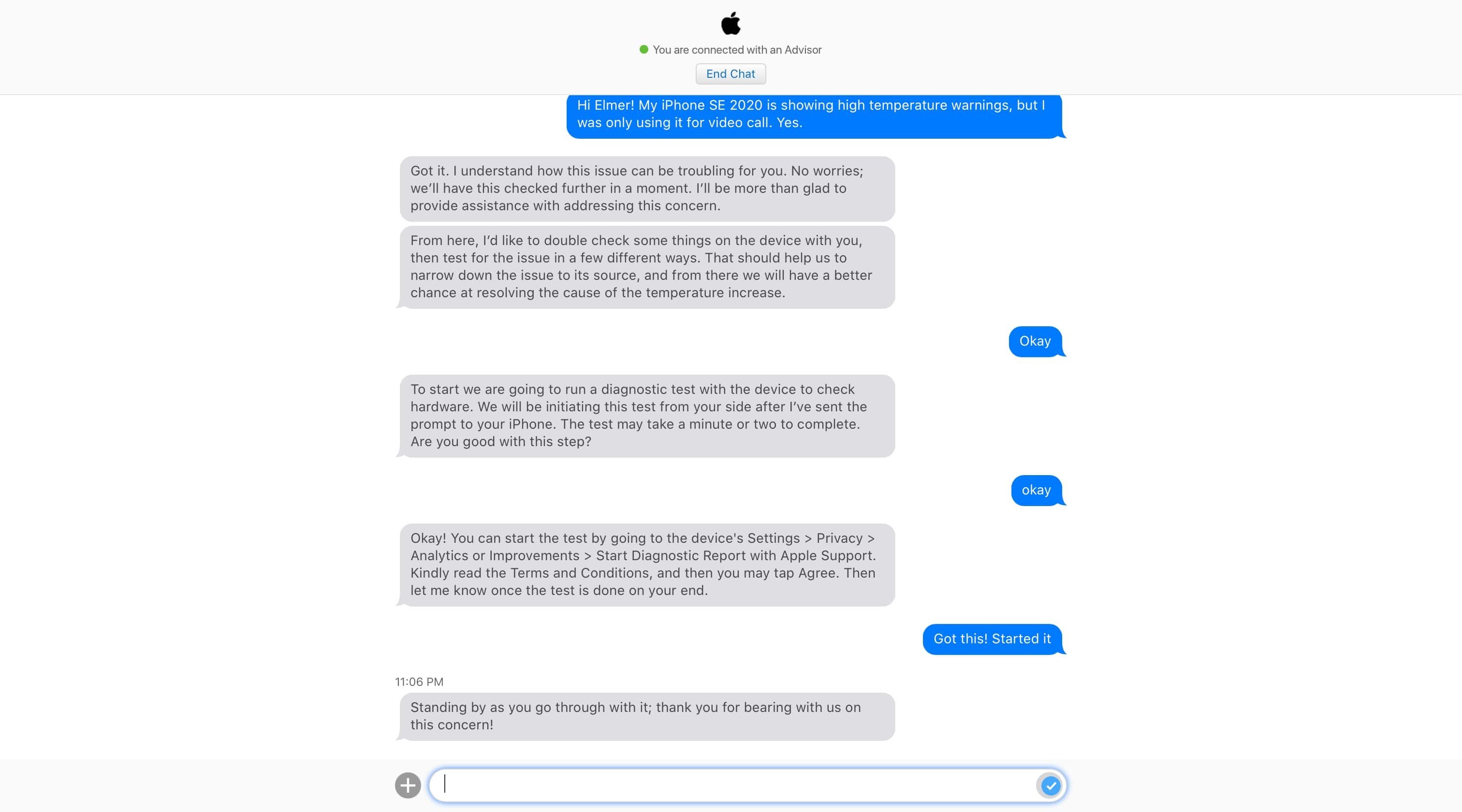 Apple Support conversation before requesting for a remote diagnostic report