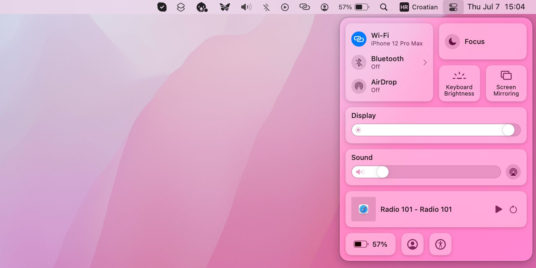 The Control Center in macOS Monterey with the Wi-Fi icon selected and the Bluetooth icon toggled off