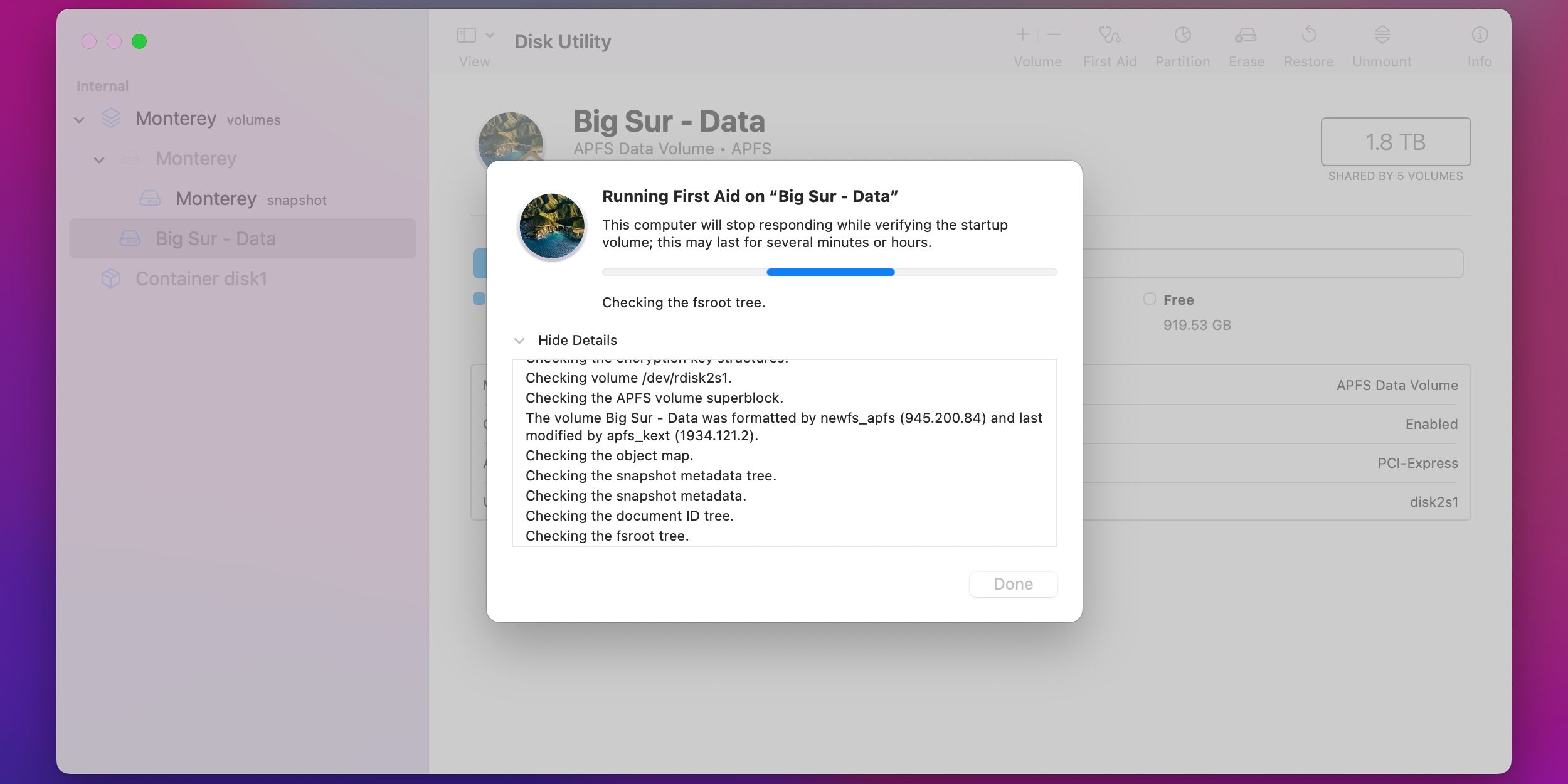 macOS Monterey showing Disk Utility with the First Aid feature repairing the startup disk