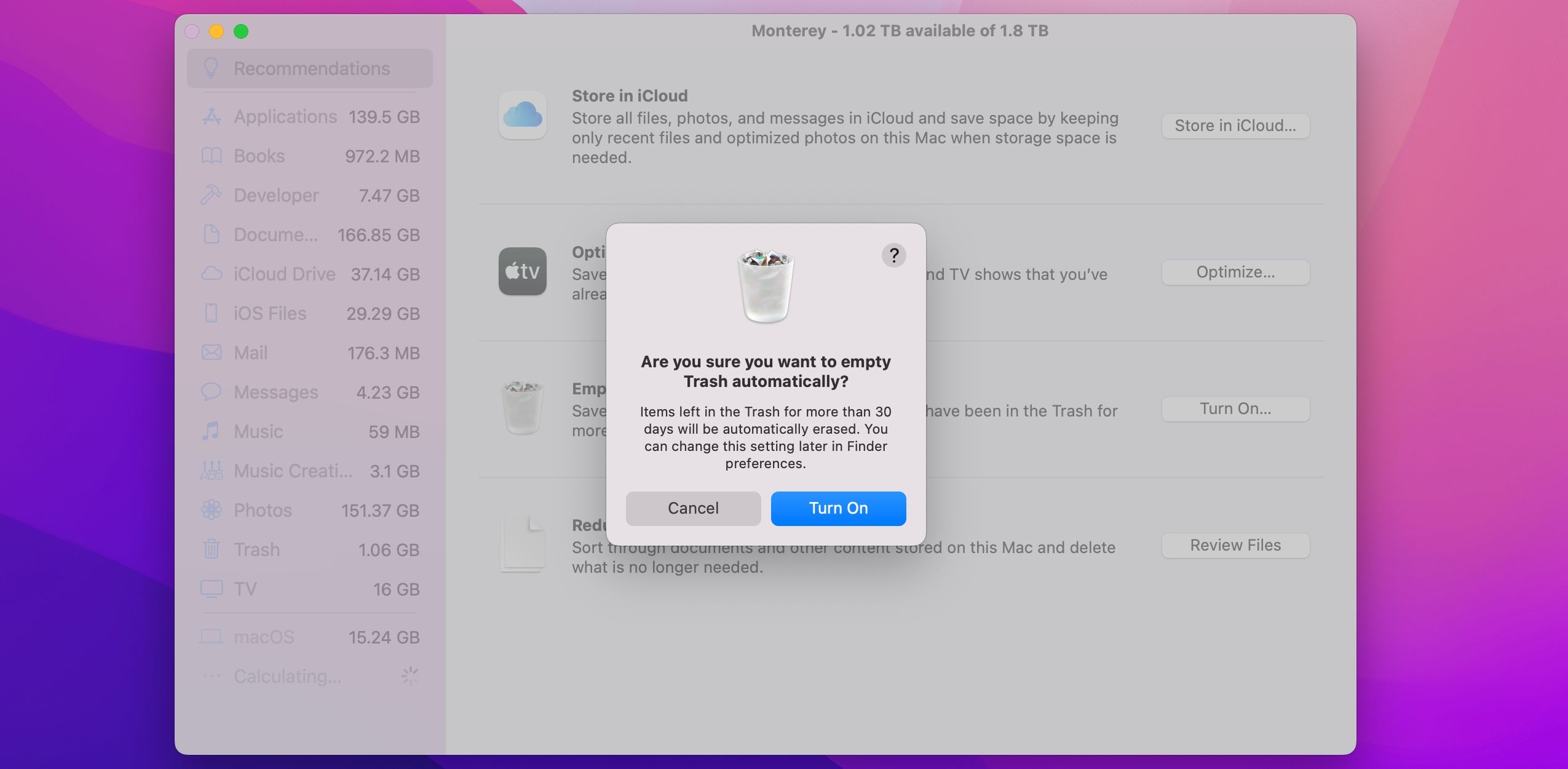 macOS Monterey showing the  Optimize Storage window with a confirmation message for the Empty Trash Automatically option