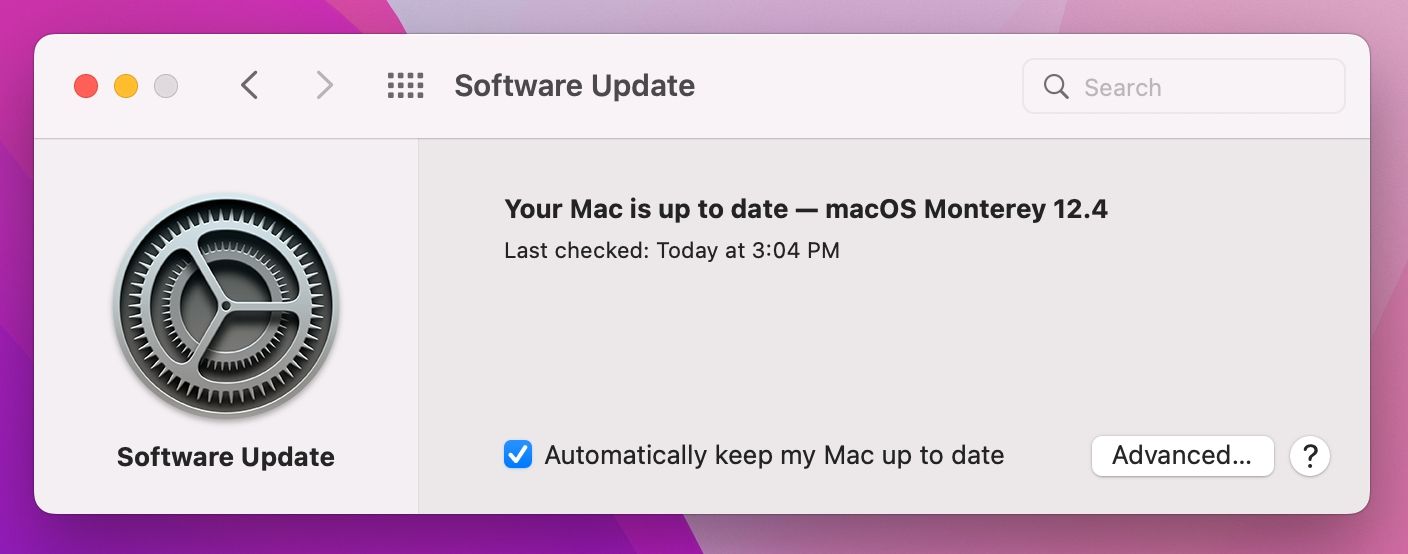 macOS Monterey with Software Update in System Preferences showing no updates found