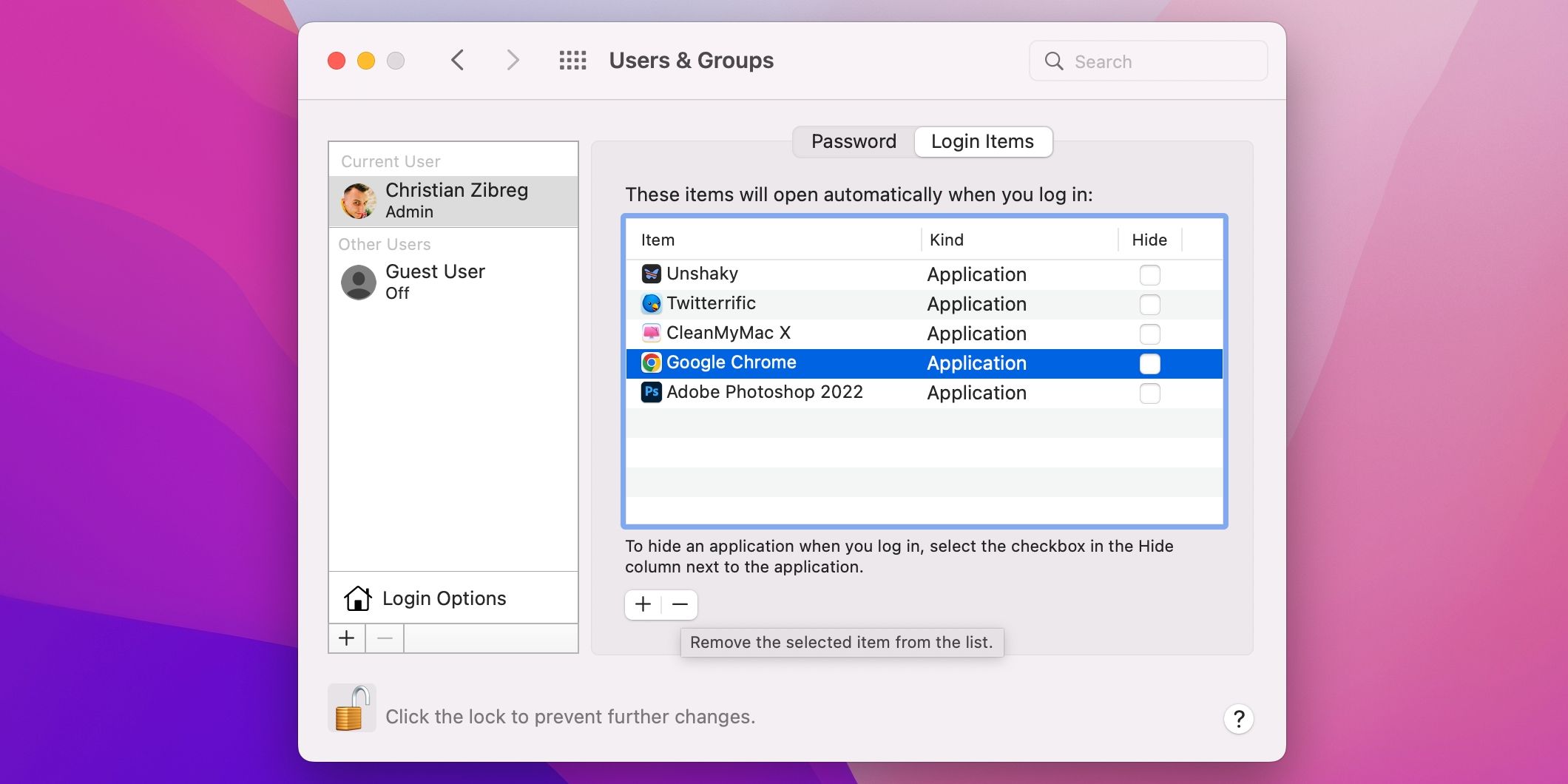 macOS Monterey with the Users and Groups section in System Preferences showing the Google Chrome app selected under Login Items
