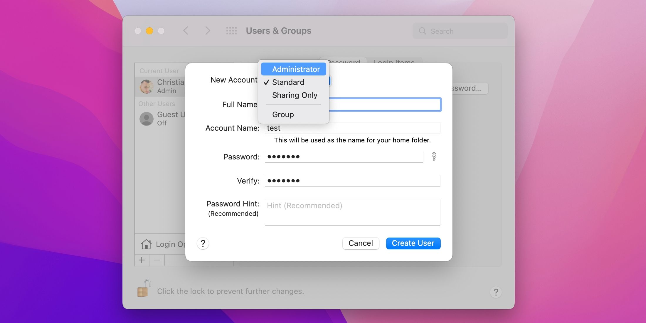 macOS Monterey showing creating a new Mac administrator account in the Users and Groups section of System Preferences