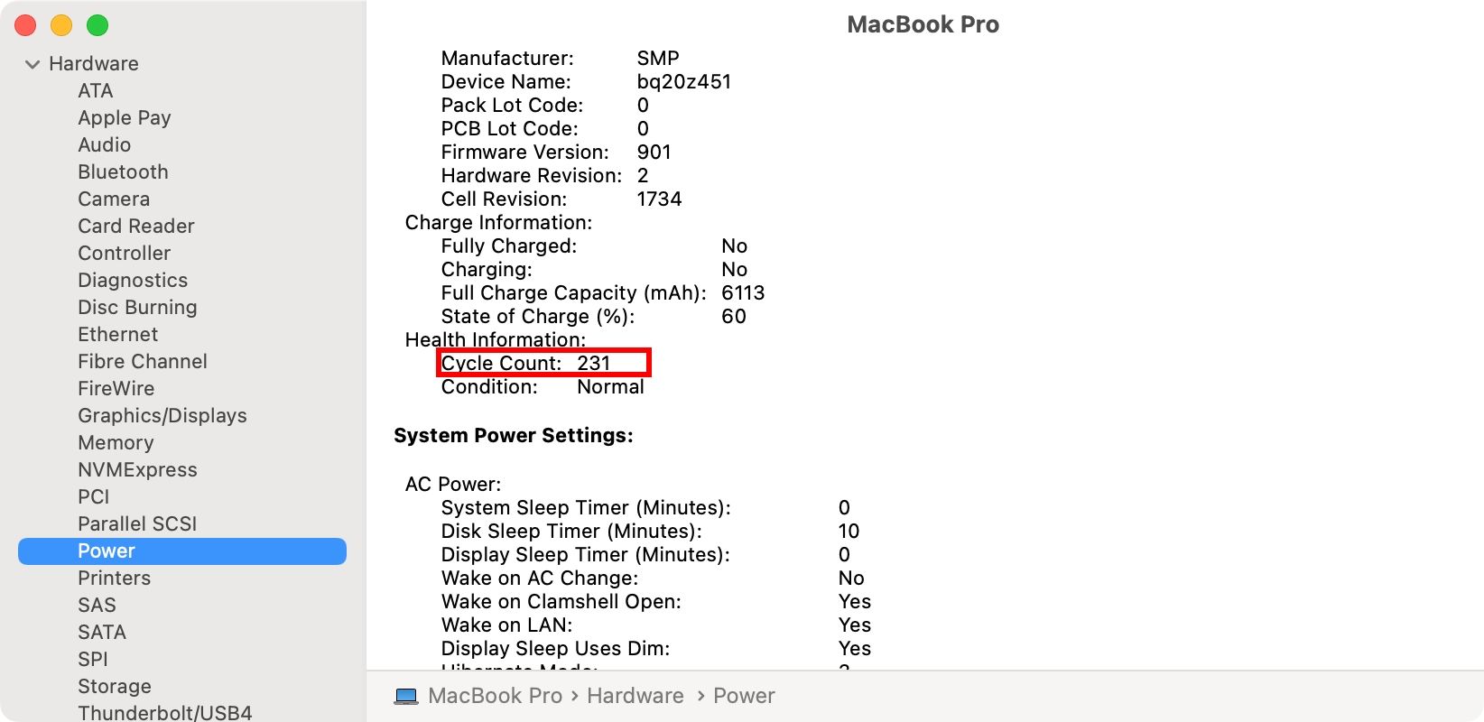 برنامه اطلاعات سیستم در macOS Monterey تعداد چرخه باتری را برای لپ‌تاپ MacBook Pro نشان می‌دهد