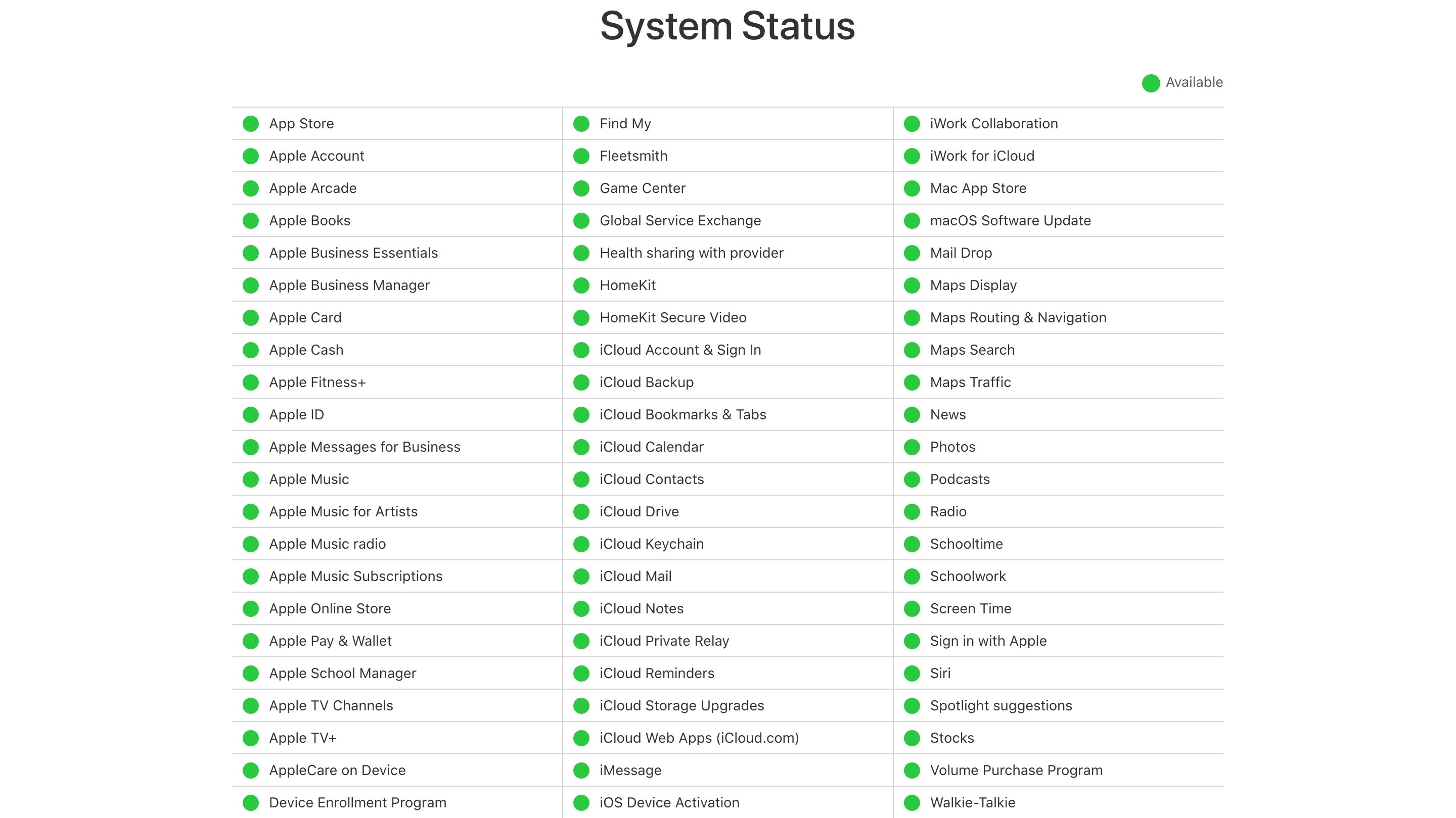 Apple's System status page 