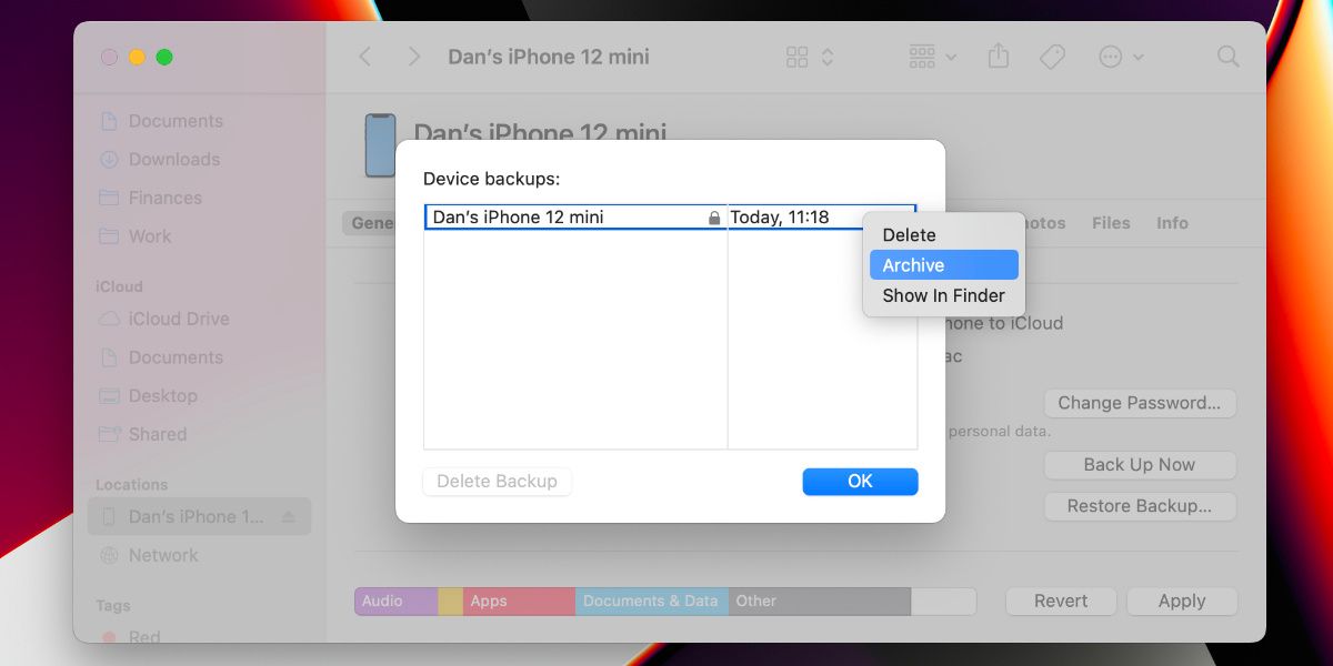 Archiving an iPhone backup in Finder