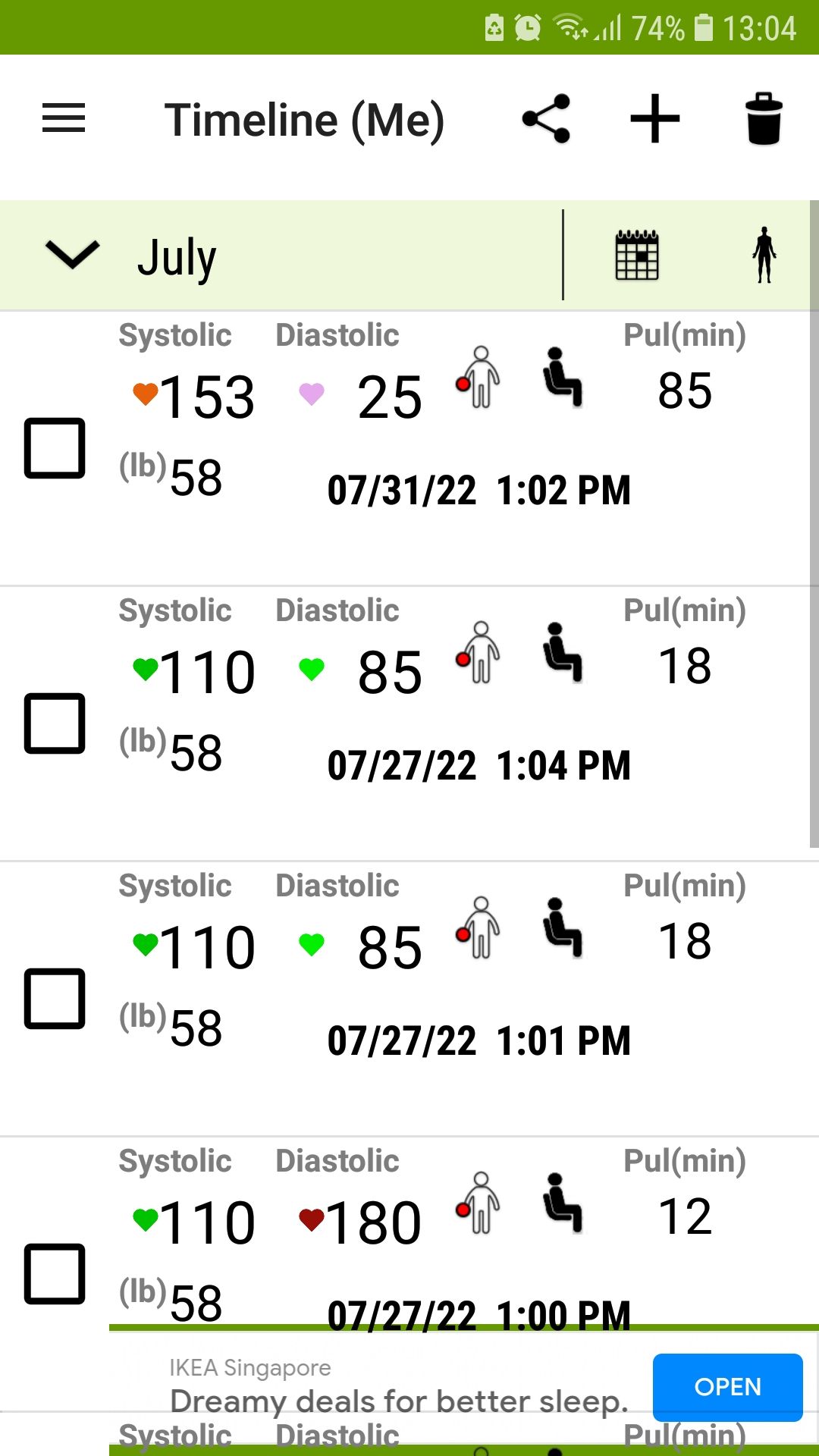 BP Watch blood pressure tracker mobile app timeline